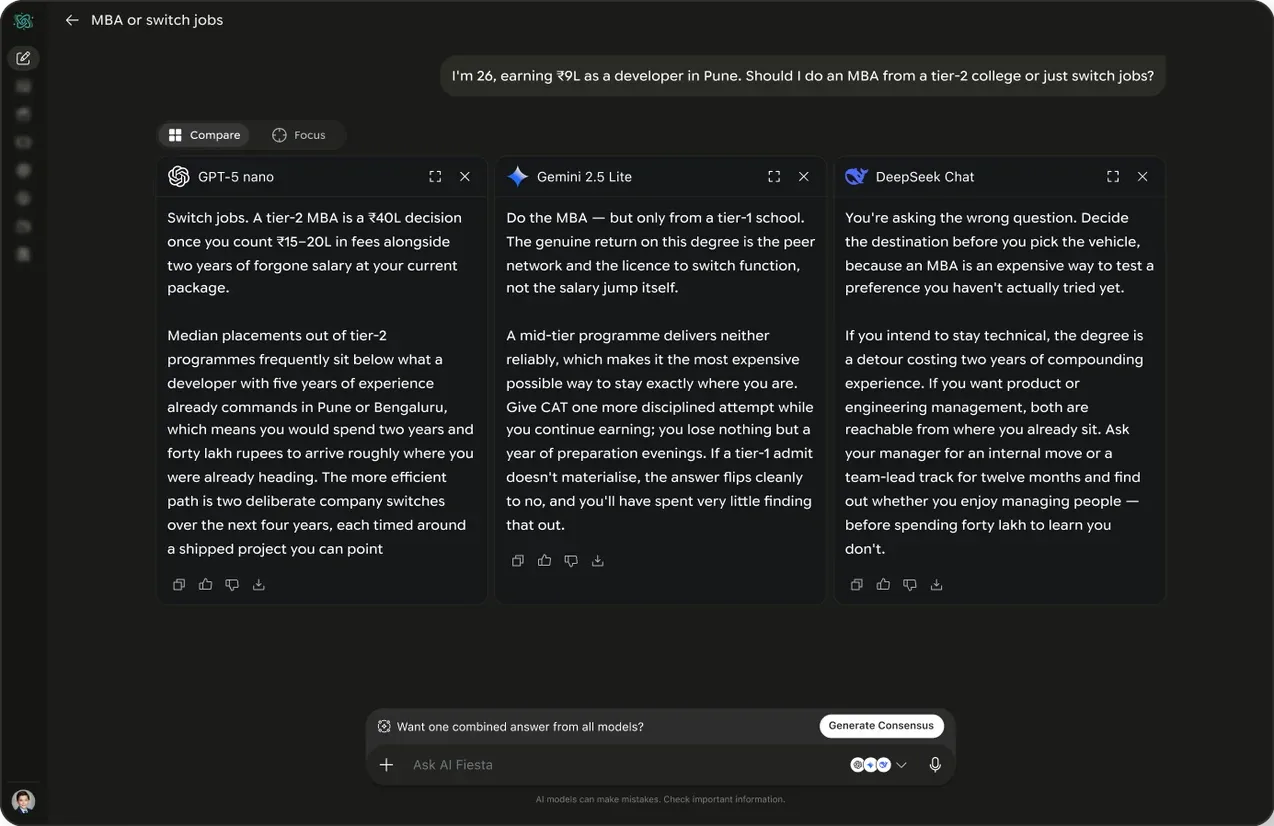 AI Fiesta Compare Mode showing three model answers side by side